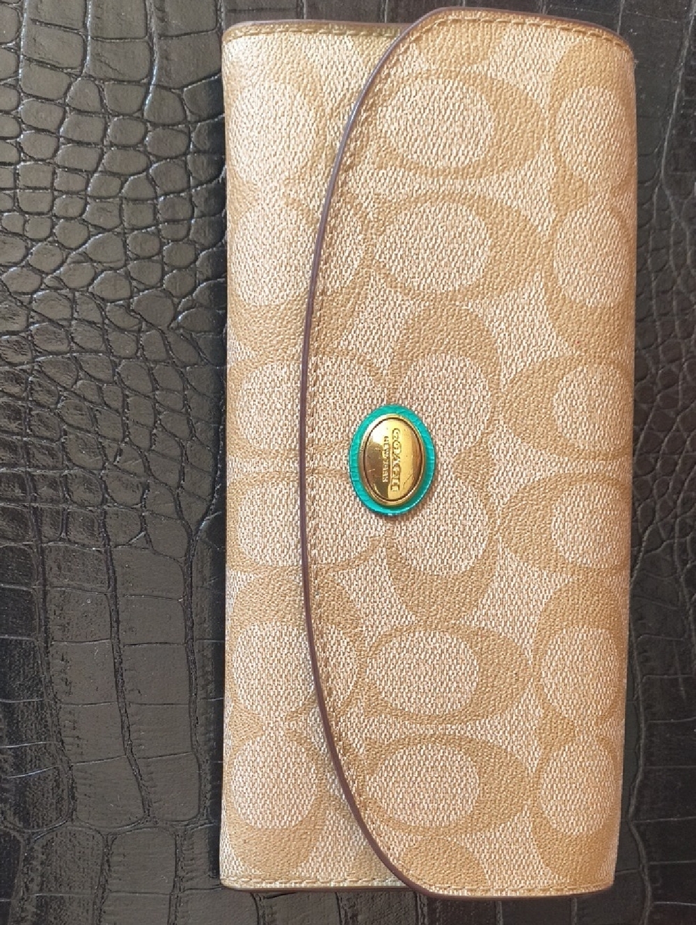 Coach Khaki Signature Canvas Continental Wallet with Green Accent